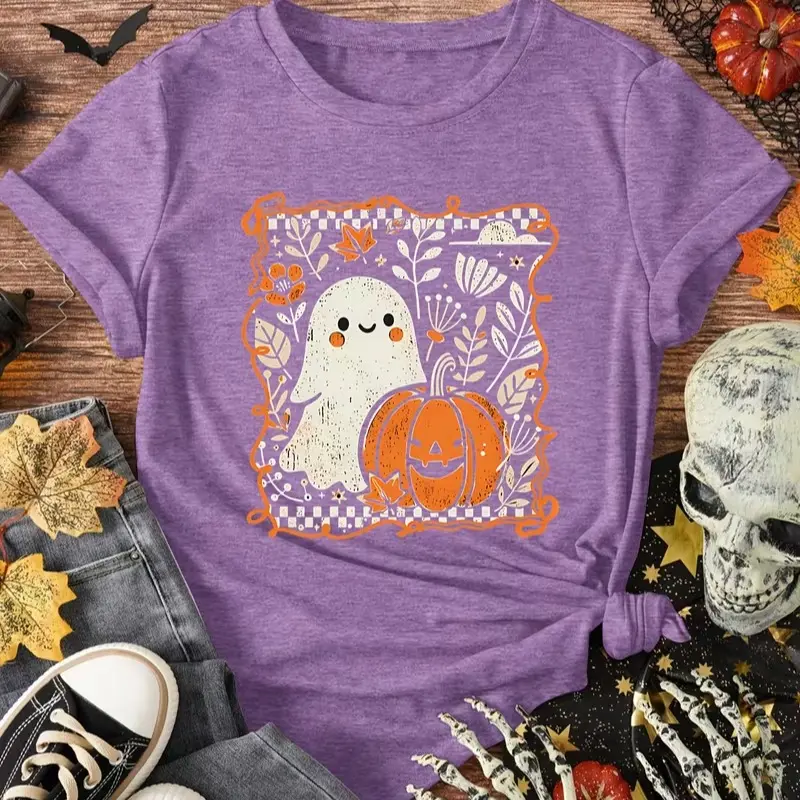 Vintage Cute Ghost Pumpkin Autumn Floral Print Tshirt Soft Aesthetic Fall Halloween Short Sleeve Gift Tee For Women
