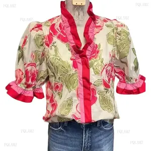 Ruffle Stripe Trim Floral Poplin Top Light Elegant Fashion Blouse Shirts Womenswear Flowers women's summer outfits going tops fashion Black Blue