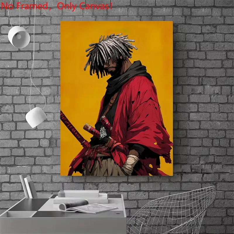 1 piece/set frameless canvas painting print poster, Japanese aesthetic art，Afro Samurai Warrior， a perfect gift for Home decoration loves, ideal gift for bedroom, living room, dorm hallway, kitchen, mural, wall decoration, room decor
