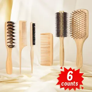 Bamboo Heatless Hair Styling Tool Set, 6 Counts/set Hair Brushes & Combs  for Women & Men, Hair Styling Comb for Home & Salon Use