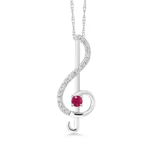 Keren Hanan Inspired by Music 0.31 Ct Round Red Ruby E-F Lab Grown Diamond 10K White Gold Treble Clef Pendant