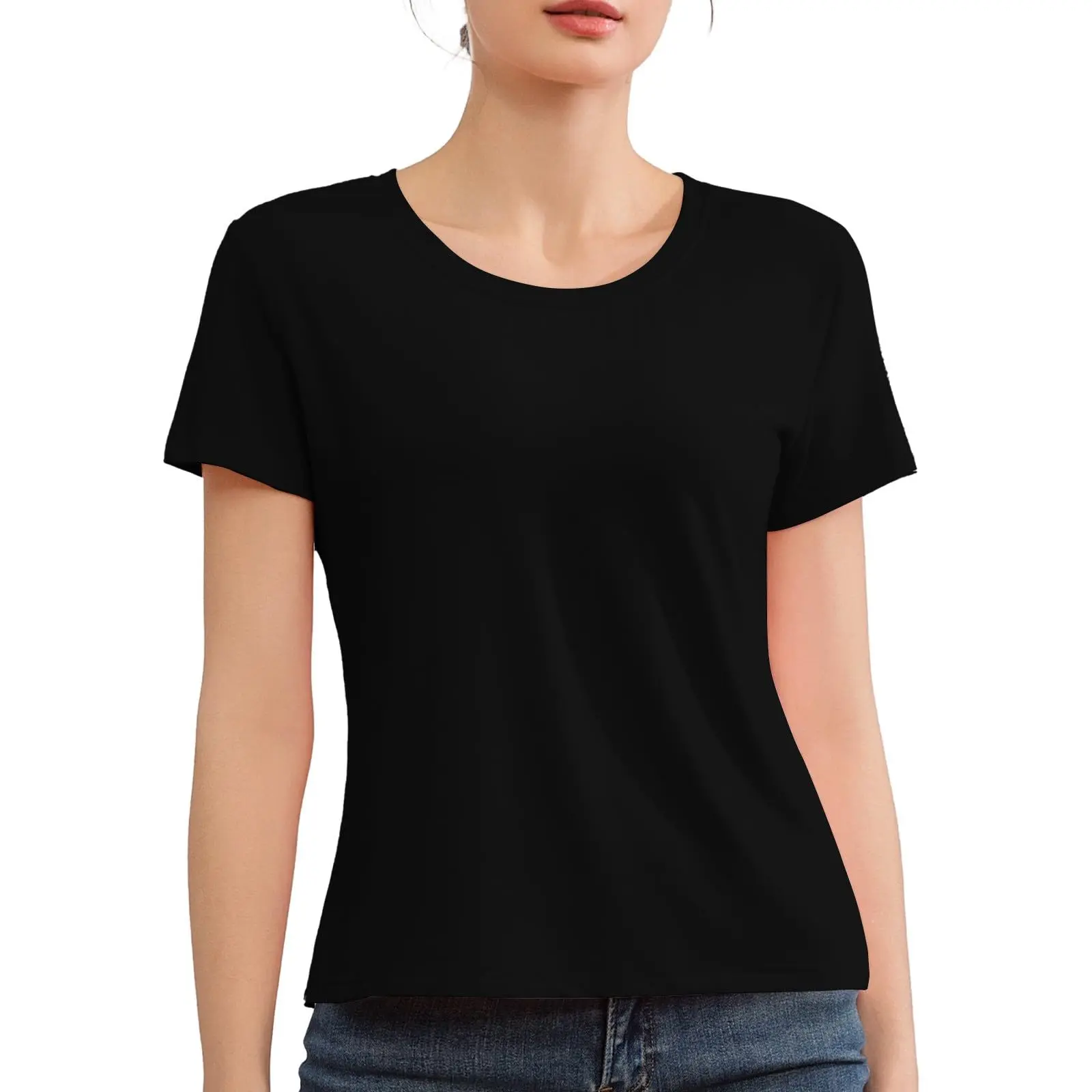 Women's Short-Sleeve Crewneck Plain Cropped T-Shirts, Casual Summer Basic Petite Tops, Shortsleeve, Round Neck, Crew Neck