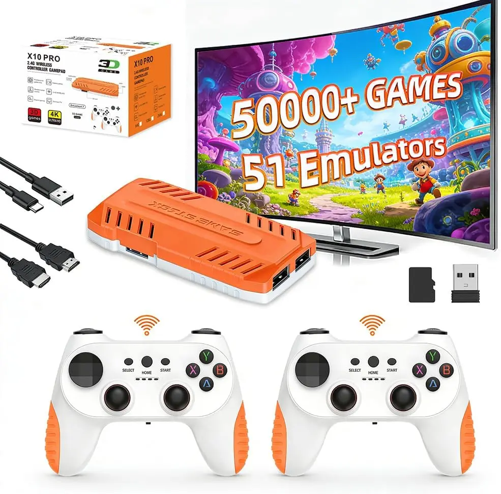 X10 PRO Retro Game Stick with 50000+ Games, 4K HDMI HD Plug and Play Game Stick with 2 Controllers, Support 50+ Simulators, 2 Player Battle (Vitality Orange）