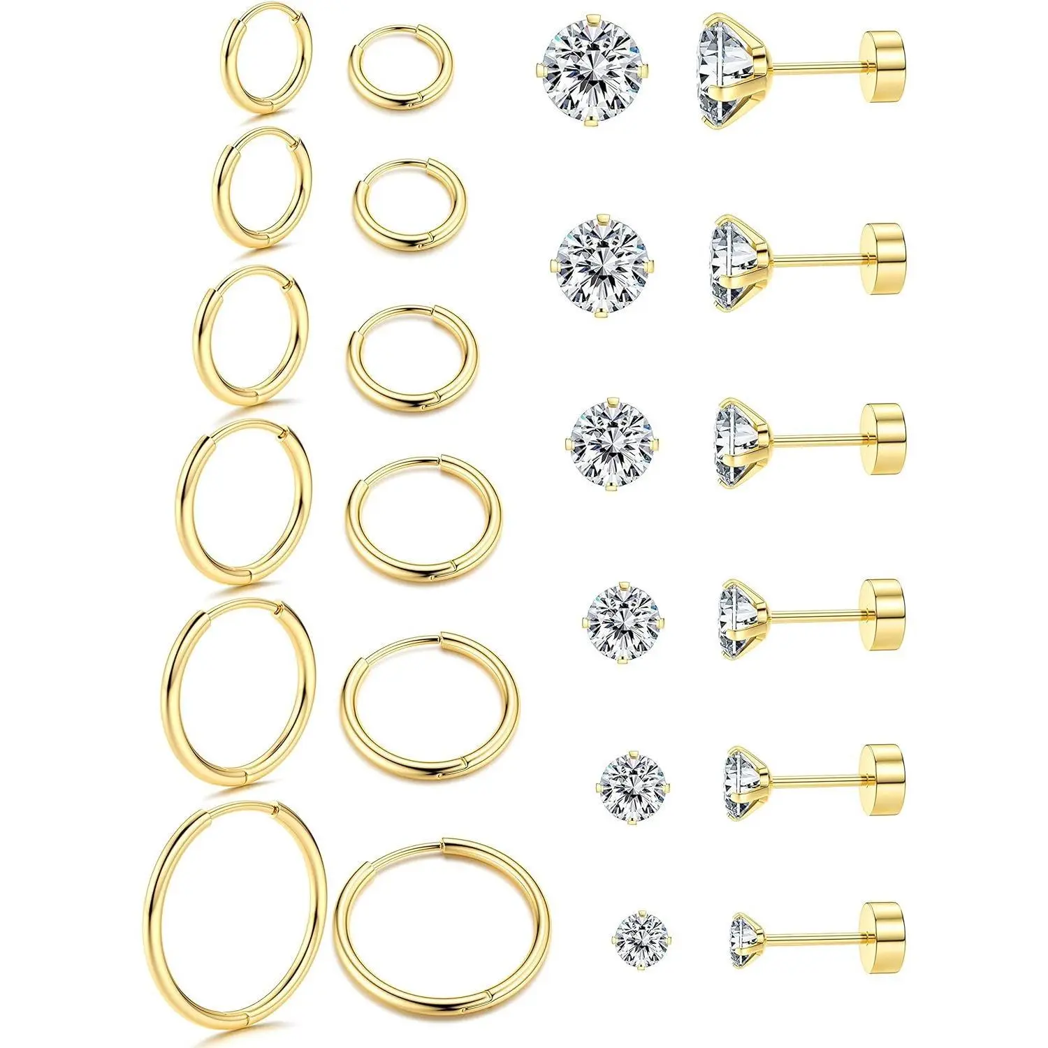 CASSIECA 20G Hypoallergenic Stainless Steel Cubic Zirconia Flat Back Jewelry - Mini Hoops, Ear Studs, Stud Earring Jewelry for Cartilage, Helix Daily Wear