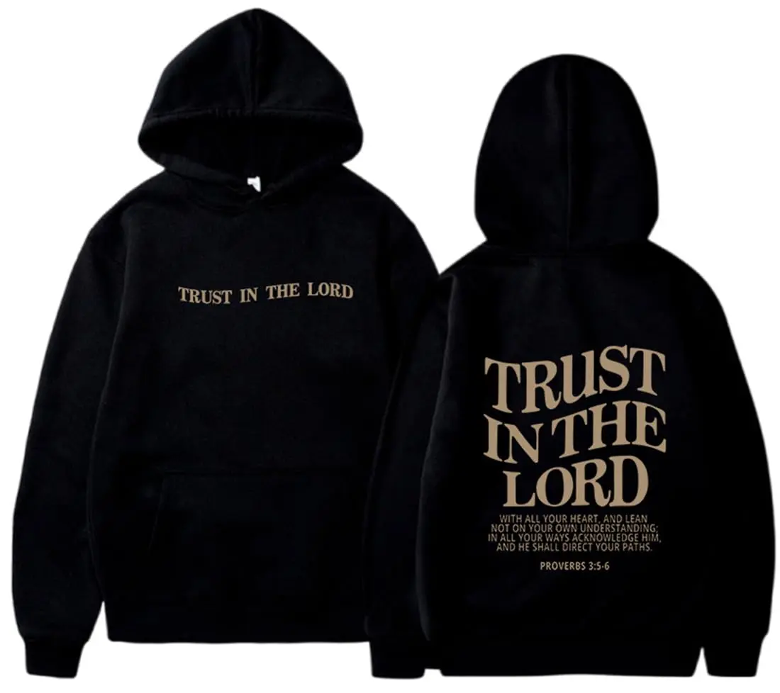Men's Proverbs 3:5-6 Trust In The Lord Scripture Graphic Hoodie - Religious Inspirational 2-Sided Print, Loose Fit Black Tops, Minimalist Fabric Sweatshirts For Church & Loungewear