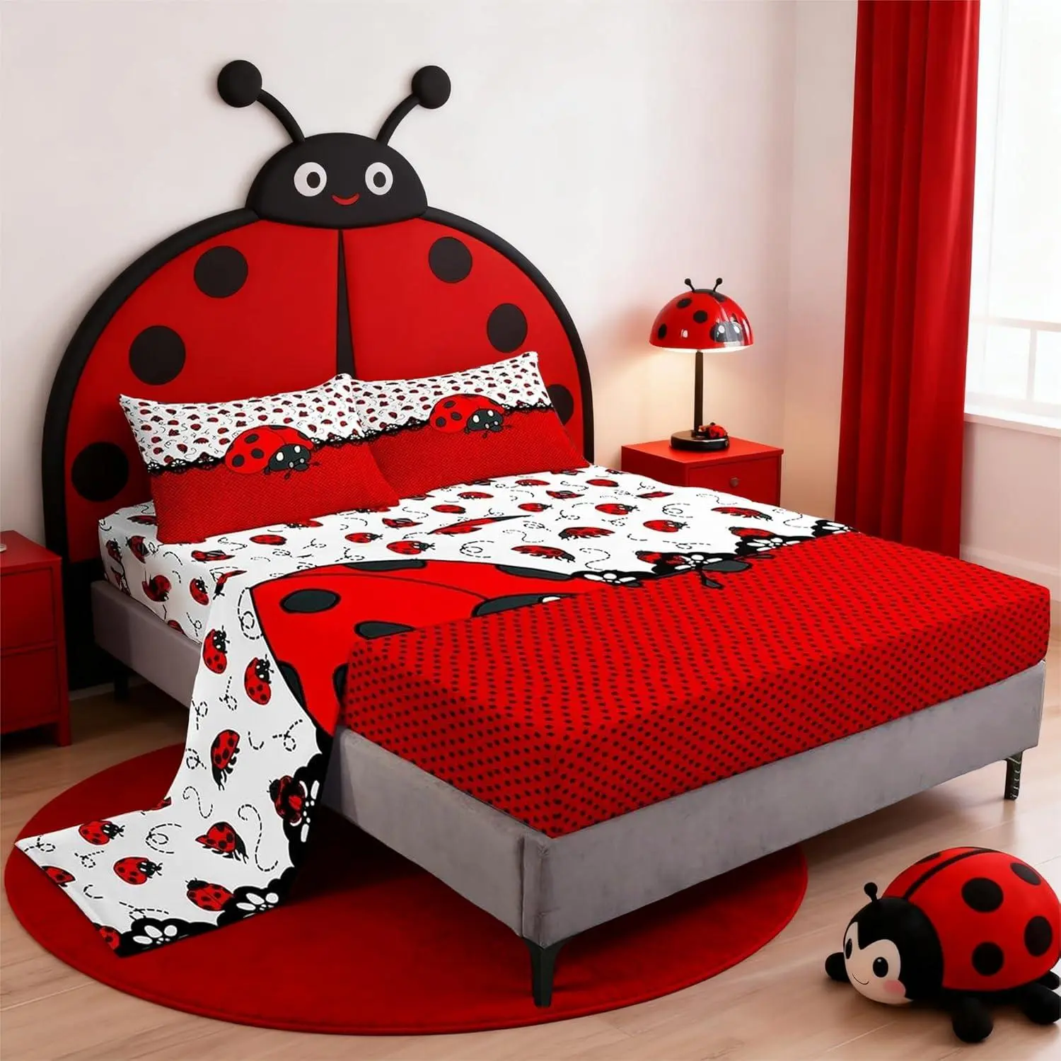 Feelyou Ladybug -Friendly Dots Bedding Set - Cartoon Red-Black Entomology Design,Deep-Pocket Fitted Sheet,Vivid Top Flat Sheet,Multi-Size Bedsheet Sets for Room Decor,Matching Bedding,Fits Up to 16"