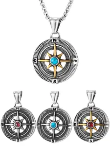 Fashion Compass Necklace, Vintage Style Stainless Steel Pendant, Unisex Punk Hip-Hop Accessory, All Seasons Wear, No Choking Hazard
