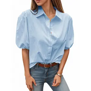 Tankaneo Women's Button Down Shirts Short Puff Sleeve Collared Dressy Casual Blouse Tops Blue Womenswear