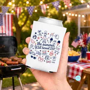 The Summer USA Turned 250 Can Cooler, America 250th Doodle Beer Koozie, 1776 2026 Patriotic Drink Sleeve, 4th of July BBQ Party Favor Gift