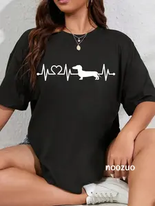 Women's 100% Cotton Round Neck Graphic T-Shirt, Everyday Casual Streetwear for Dog Owners with ECG Heartbeat Dachshund (Teckel) Design