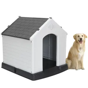 Segawe Large Dog House 32" Indoor Outdoor Plastic Pet House Waterproof Kennel for All Lifestages, Gray Top