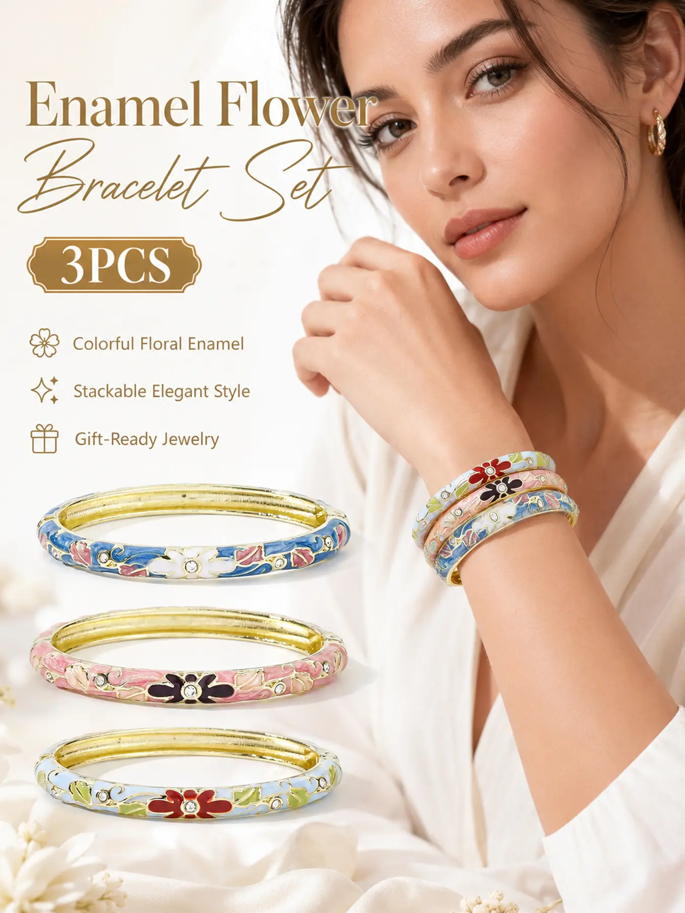 3PCS Cloisonne Bracelets for Women, Vintage Floral Enamel Style Bracelet, Stackable Chunky Bangles with Petal Flower Plant Pattern and Sparkle Accents, Trendy Colorful Jewelry Set for Daily Wear, Date, Party, Wedding, Friendship Gift and Wife Gift