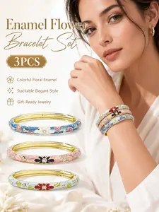 3PCS Cloisonne Bracelets for Women, Vintage Floral Enamel Style Bracelet, Stackable Chunky Bangles with Petal Flower Plant Pattern and Sparkle Accents, Trendy Colorful Jewelry Set for Daily Wear, Date, Party, Wedding, Friendship Gift and Wife Gift