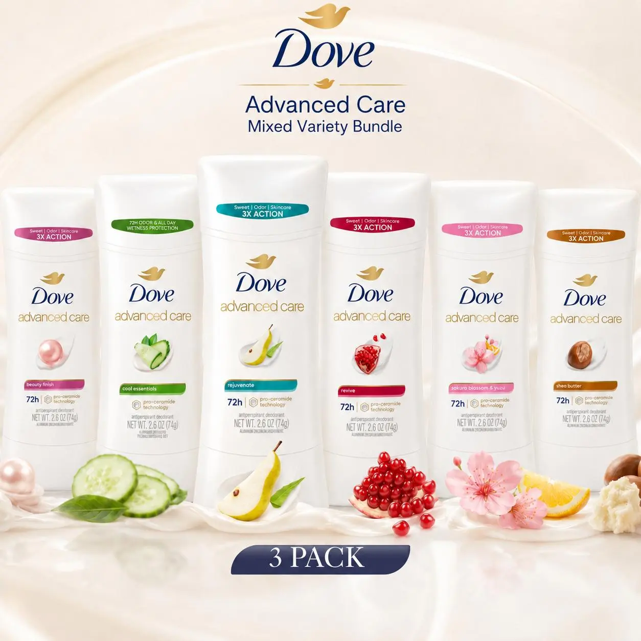 Dove Advanced Care Antiperspirant Deodorant for Women, Smooth-Gliding Stick, Mixed Fragrances Variety Pack, 3 Count, 2.6 oz
