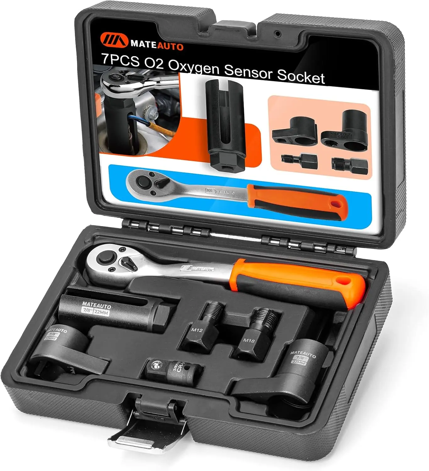 7 Piece Oxygen Sensor Socket Set with Ratchet Wrench | O2 Sensor Socket & Thread Chaser, 3/8" & 1/2" Drive 7/8"(22mm) Oxygen Sensor Removal Tool for Easy Repair, Case