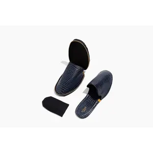 Women's Navy Blue Crocodile Embossed Leather Foldable Slipper
