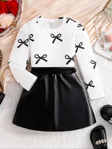 Girls' Spring & Fall Casual Dress Set, Bow Print Long Sleeve Top + PU Leather Pleated A-Line Skirt, Age 4-8 Years, Clothes Kids, Casual Outfit Set
