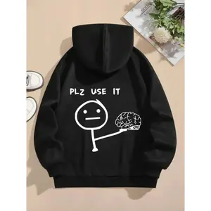 American Style Fall Winter Fleece Hoodie, Graphic Casual Hoodie, Plz Use It Letter Print Loose Fit Long Sleeve Pullover, Casual Pocket Design for Teens Boys Girls