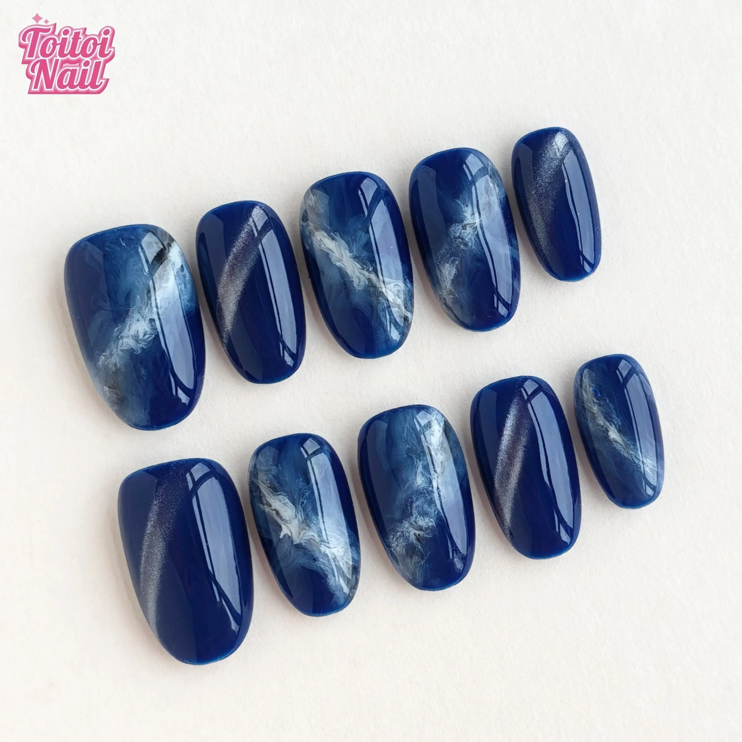 10pcs Handmade Blue Mist Marble Press-On Nails, Glossy Fake Nails, Short Oval Shape, Ink Wash Marble Design, High-Shine Glossy Finish, Reusable DIY Nail Kit for Women, Trendy Nails for Daily Wear, Statement Look