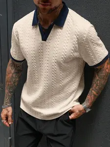 [TikTokShopBlackFriday] Homme Men's Contrast Color Short Sleeve Casual Commuter Polo Shirt Men Knitted Polo Shirt Cream Polo Shirt Men Mens V Neck Knitted Shirt Mens Short Sleeve Sweater Polo Mens Textured Polo Shirt Old Money