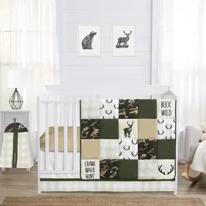 Sweet Jojo Designs 4-Piece Baby Crib Bedding Set (Woodland Camo Deer) for Boys, Infants/Nursery incl. Blanket, Fitted Sheet, Skirt, Diaper Stacker (Forest Green, Camouflage, Rustic, Stag, Beige Plaid)