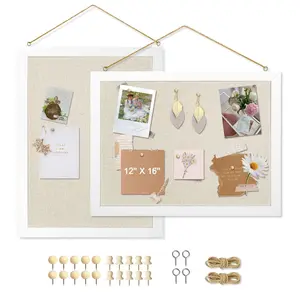 2-Pack Double-Sided Cork Board with Linen, 16" x 12" Hanging Wood Framed Bulletin Board, Picture Display Vision Board Kit Corkboards for Wall School Office Decor, 20 Pushpins (Vintage White)