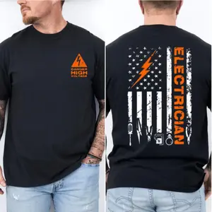 Electrician Tshirt – Danger High Voltage American Flag Tshirt, Tools & Lightning Bolt Graphic, Perfect Gift for Linemen and Blue Collar Workers