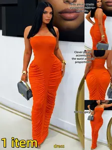 Women's Sexy Bodycon Fit Long Dress, Wrap Front Pleated Plain Fashion Statement Casual Gown, Party Wear Evening Dress