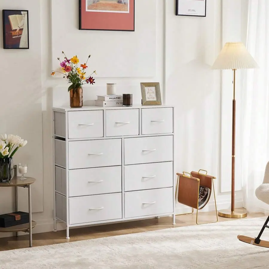 OLIXIS Dresser For Bedroom With 9 Fabric Drawers, Tall Chest Organizer Units For Clothing, Closet, Sroom, Storage Tower With Cabinet, Metal Frame, Wooden Top, Lightweight Nursery Furniture Back To School Dormitory Storage