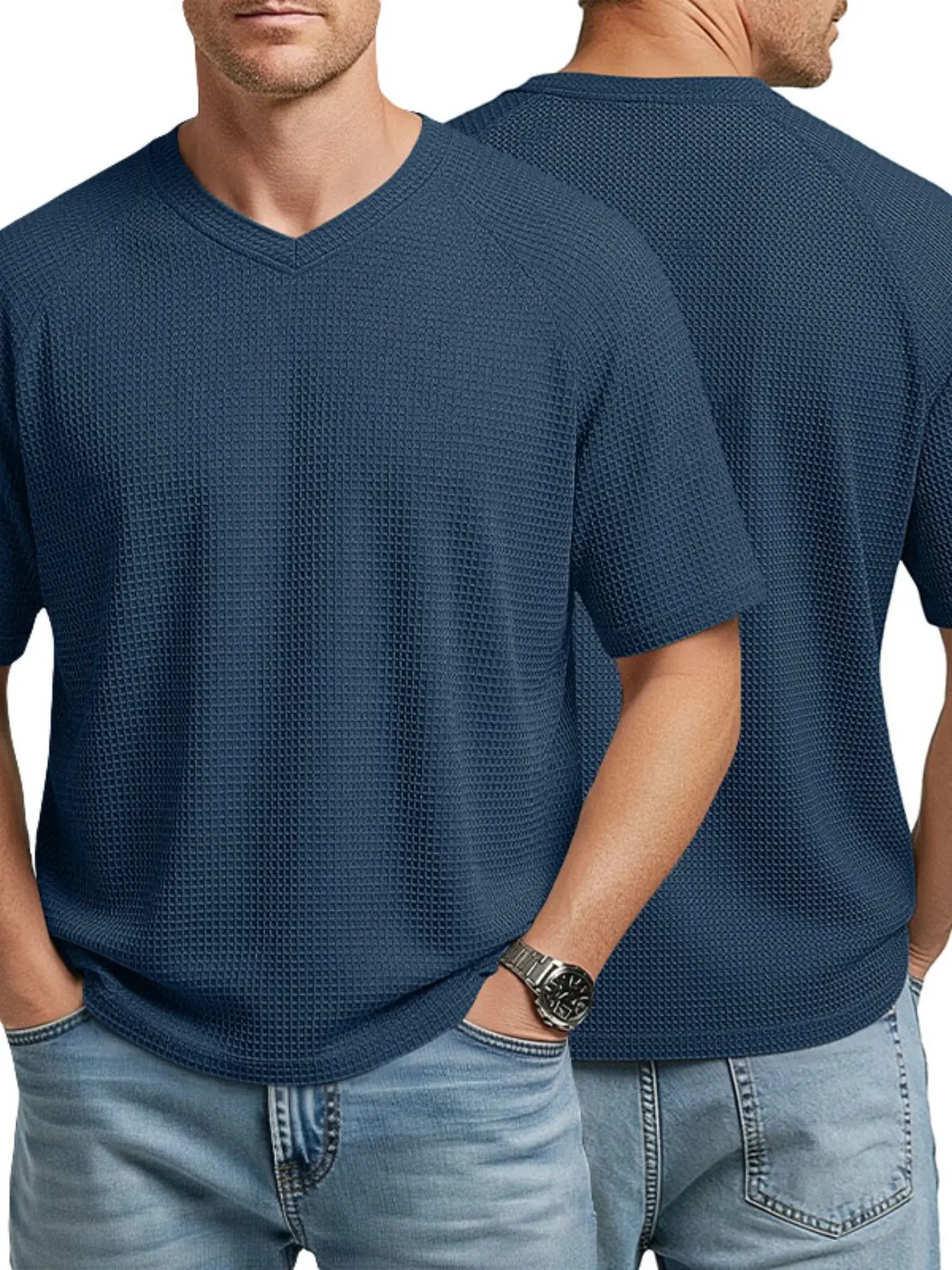 Men's Breathable Textured Waffle Fabric V-Neck Short T-Shirt Loose Fit, Menswear Summer Casual Top, Essential Item for Daily Casual Wear, Sports, nd Vacation, Casual Athleisure Tee