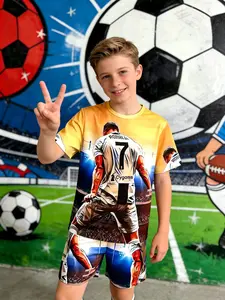 Boys' Blue Colorblock Ronaldo Jersey & Short Set, Casual Summer, Party Vacation School Wear, All over Print Design