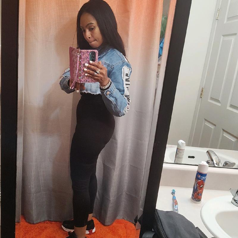 cropped jean jacket with white & black international patches