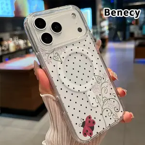 Clear Phone Case for iPhone 17 16  Pro Max Plus 15 14 13 12 11 Air E Ladybug Floral Dots  Pattern Magnetic Sunction Acrylic Back Full Body Protective Cover