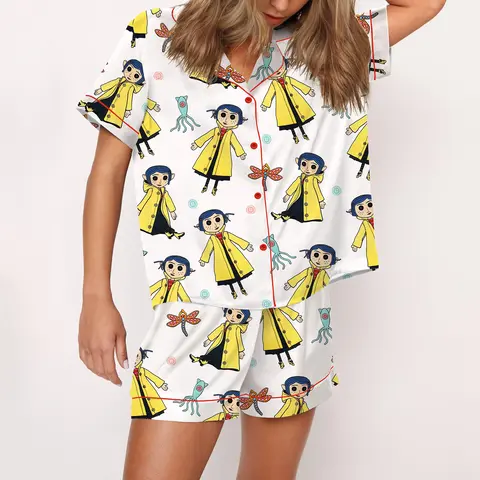 SHESHOW Coquette Coraline Satin Pajama Set For Women Print Comfy Satin Sleepwear & Loungewear Pjs Printing Silky Top & Bottoms