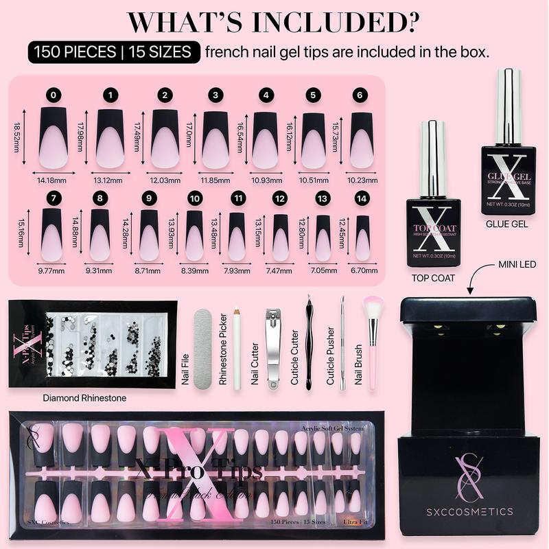 SXC Cosmetics X-Pro Tips French Tip Press On Nails - French Black Edition Starter Kit