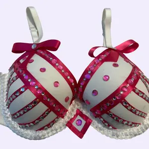 Custom Costume Bra Handmade Detail in Pink and White with Rhinestones Available in All Sizes