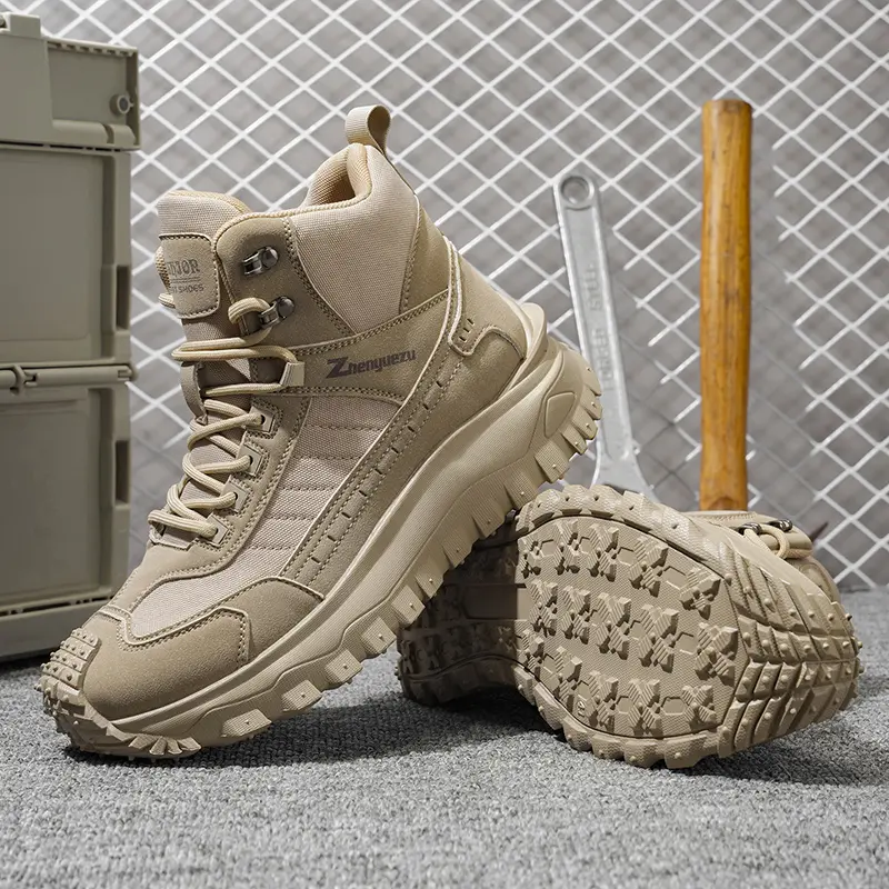 Men's casual hiking sports shoes, featuring a simple high-top, thick-soled and lace-up design, lightweight and comfortable, suitable for daily wear, hiking and mountaineering. Available in black, green and khaki.