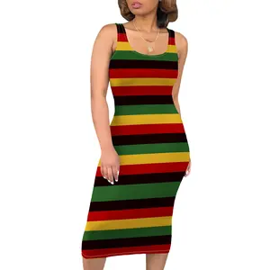 Women's Rasta Red Yellow Green Stripe Bodycon Tank Dress - Bold Reggae Festival Statement Style Outfit