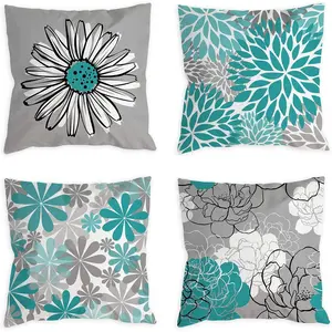 Teal Pillow Covers 18x18 Set of 4 Turquoise and Grey Decorative Throw Pillow Cover for Couch Modern Daisy Pillows Case for Living Room Cushion Bed Outdoor  Decor