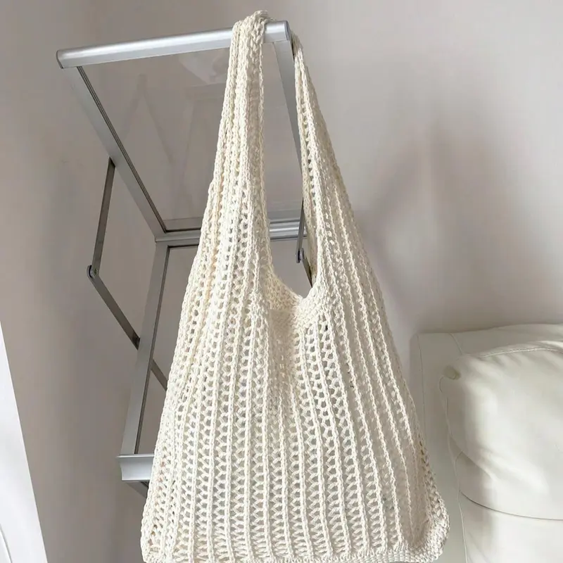 Fall Winter Simple Crochet Handbag Shoulder Bag, Lightweight Vintage Knitted Large Capacity Hollow Design, Casual Beach School Bag, Casual Handbags, Beach Bags, Beach Tote, Casual Everyday Bag, Casual Fashion Bag