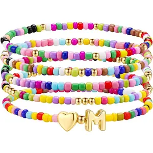 Easter Basket Stuffers - Easter Gifts for Kids Girls, 5PCS Colorful Beaded Initial Bracelets for Girls Women, Cute Stretch Heart Letter Bracelet Initial Stackable Bracelet Jewelry for Kids