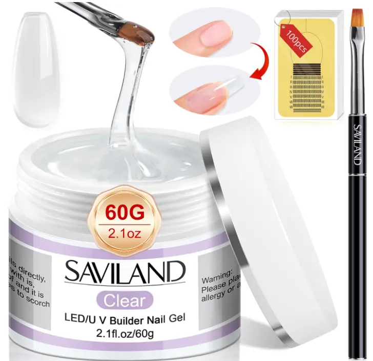 SAVILAND Builder Nail Gel Kit - 60g Clear Nail Extension Gel Set Nail Strengthen Nail Art Manicure Set with 100PCS Nail Forms and Acrylic Nail Brush for Beginners