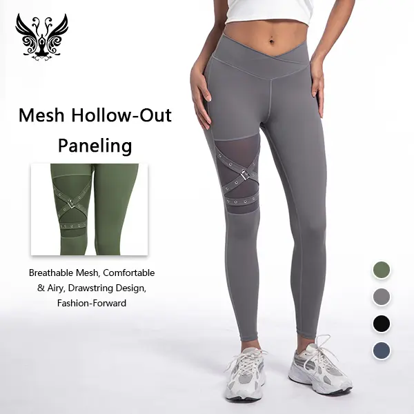 YIZHEN Women's Yoga Pants with Crisscross Waistband & Paneled Drawstrings Butt-Lifting Slim-Fitting Comfortable Breathable Mesh Hollow-Out Paneling for Fitness Casual Wear