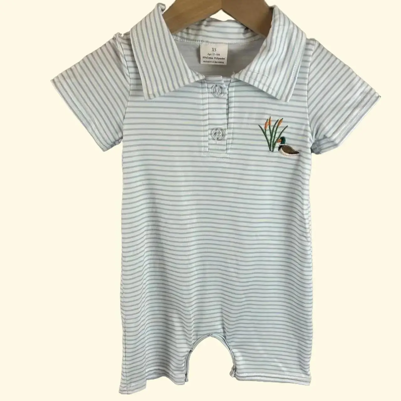 Playful Duck Animals Romper, Casual Short Sleeve Cotton Bodysuit, Spandex Blend Stripe Print Newborn Outfits for Infants, Cute, Baby Boy, Hunting-Themed, 0-3M