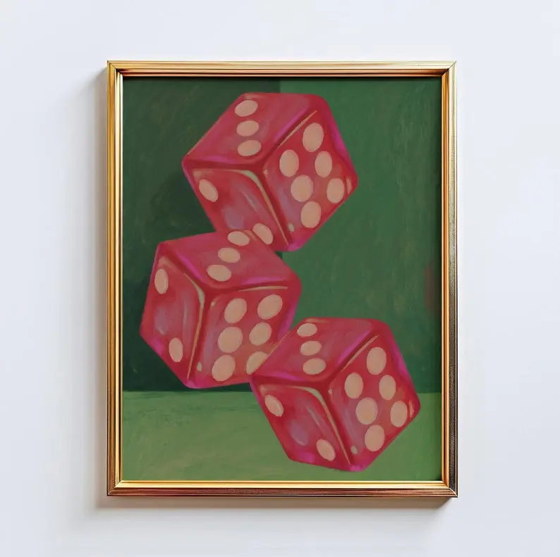 [No Frame] Lucky Dice Wall Art – Retro Minimalist Red Dice Poster, Positive Vibes Manifestation Decor