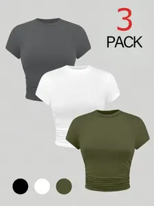 Women's Solid Round Neck Tee, Basic Casual Minimalist Short Sleeve T-shirt for Daily Wear, Ladies Clothes for All Seasons, Top, Womenswear