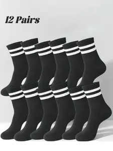 12 Pairs of Men's Mid-Calf Sports Socks - Long Tube Running Socks with Fitted Waist Classic Solid Color Casual Socks - Unisex Couple Versatile Socks, Athleisure Socks Moisture-absorbent and Breathable Fabric - Anti-slip Grip - Suitable for Hiking