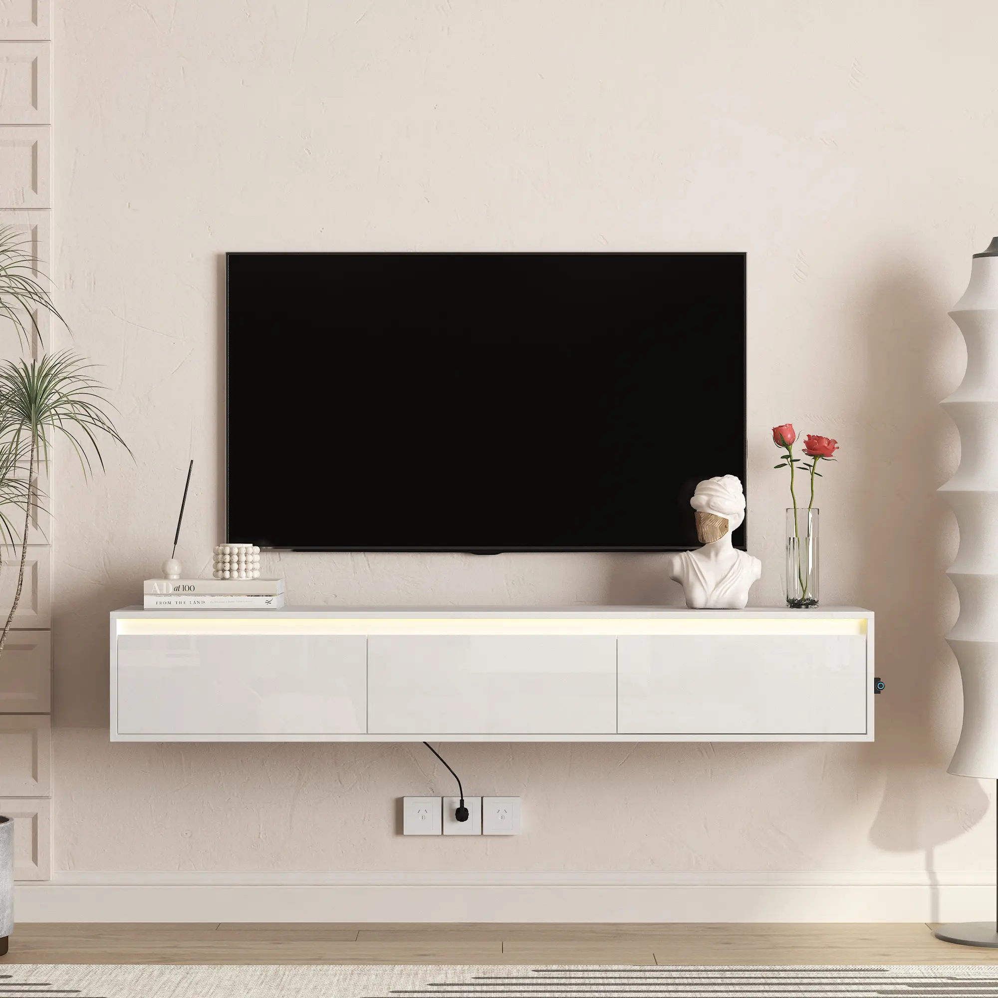 High-gloss suspended TV cabinet. Wall Mounted TV Shelf with Led Lights & Power Outlet,H Cabinet for White tv Stands for Living Room,Suspended Shelf with LED Lights & Power Outlet for Indoor Living Room