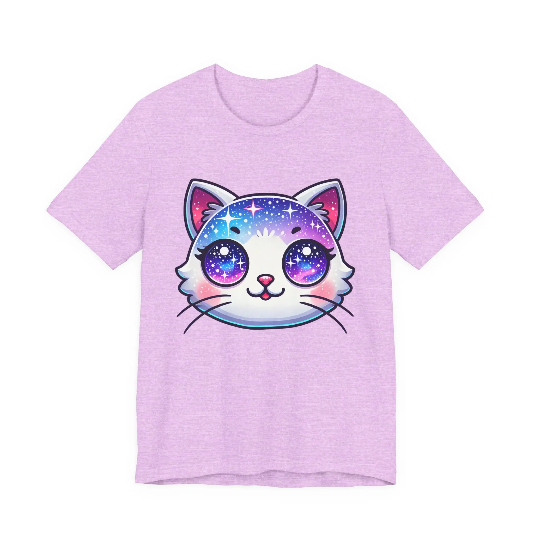 Women's Fitted Short-Sleeve Casual Streetwear Galaxy Cat Top, Colorful Space Kitty T-Shirt