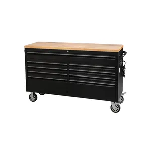 Heavy-Duty 61-Inch Rolling Tool Chest and Mobile Workbench with 9 Lockable Drawers – Steel Storage Cabinet, Rubber Wood Top, Wheels – Garage, Workshop, Warehouse Organizer – Black
